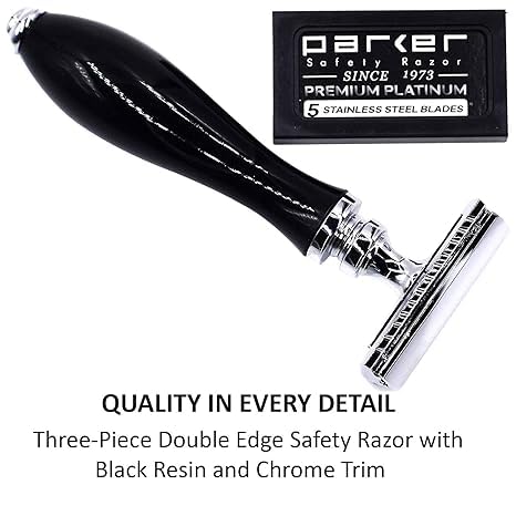 Parker 111B Ebony Handle Three‑Piece Double‑Edge Safety Razor – Elegant Weighted Scratch‑Resistant Shaving Razor with Premium Blades