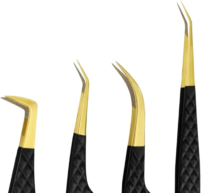 Lash Tweezers - Stainless Steel Fiber Tip Eyelash Tweezers (Set of 4) - Diamond Grip Professional Lash Tweezers for Eyelash Extensions (Black)