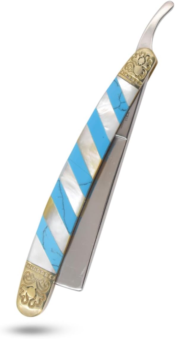 6.75" Straight Edge Razor – Stainless Steel Manual Folding Blade with Mother of Pearl Style Mosaic Handle and Engraved Brass Bolsters