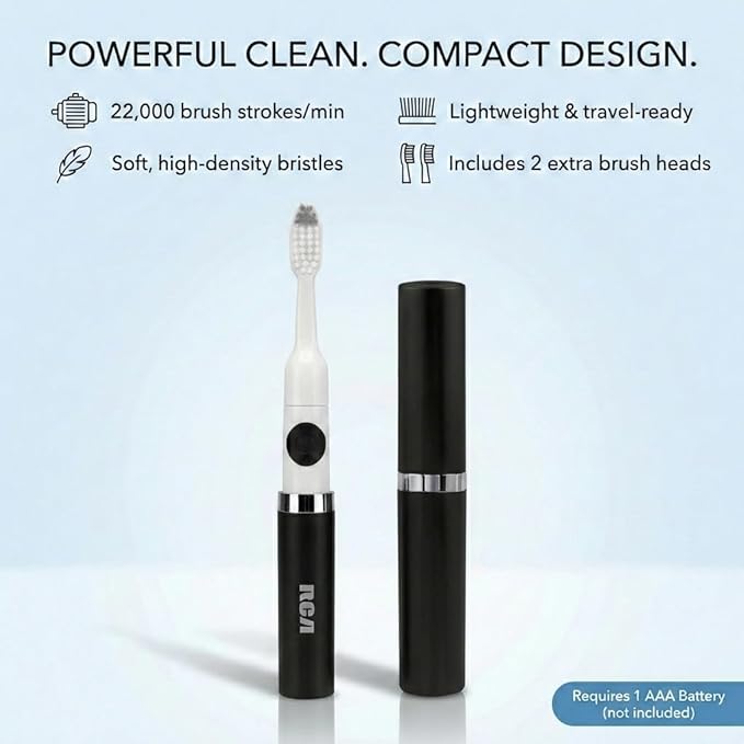 RCA Sonic Electric Toothbrush for Adults – Battery Powered Toothbrush with Extra Brush Head, Spin Brush Toothbrush for Travel - Black