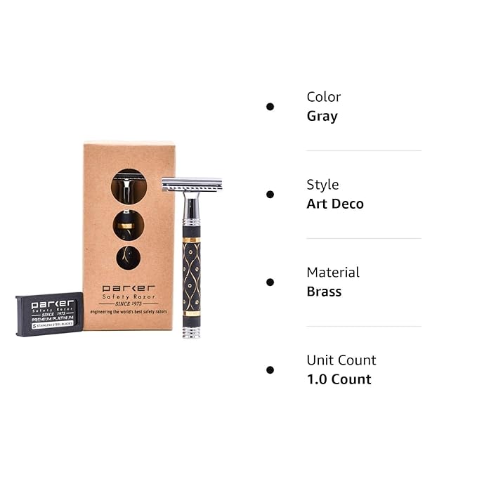 Parker 65R Super Heavyweight Double‑Edge Safety Razor – Sandstone‑Textured Brass Handle for Precise Grip & Control, 4" Long Handle – Includes 5 Premium DE Blades