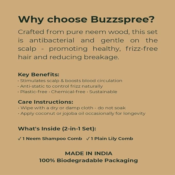 Natural Neem Wood Comb Set of 2 (Plain & Shampoo Lily) | Wide & Fine Tooth Wooden Hair Pick Comb Set for Men & Women | Eco-Friendly, Plastic-Free Wooden Combs for Daily Grooming | Curly & Texted