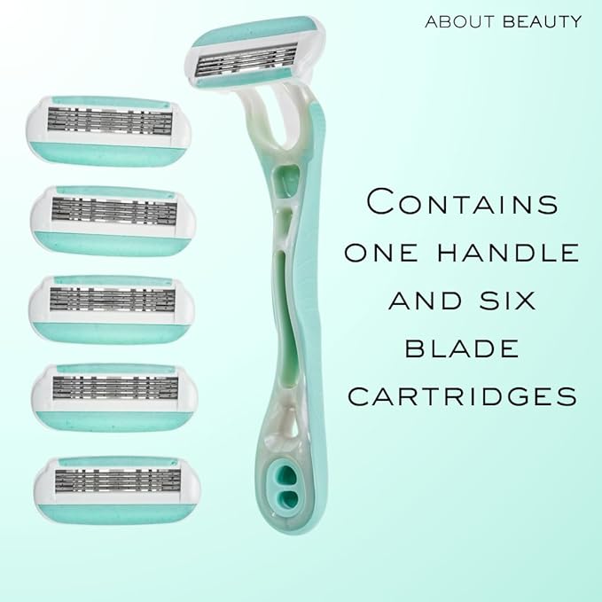 About Beauty Complete 4 Blade System Reusable Razor, Includes 1 Reusable Ergonomic Handle and 6 Replacement Blade Cartridges, Skin-Soothing Coconut Oil Moisture Pad Gently Glides Along Skin