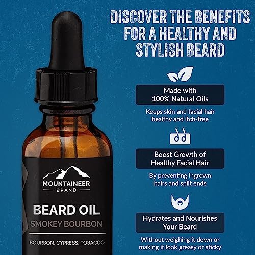 Mountaineer Brand Premium Beard Oil - Smokey Bourbon Scent with Jojoba Oil - 100% Natural Conditioner and Softener For Men - Hydrates and Moisturizes for Beard Growth - Treats Dry Itchy Beards - 1oz