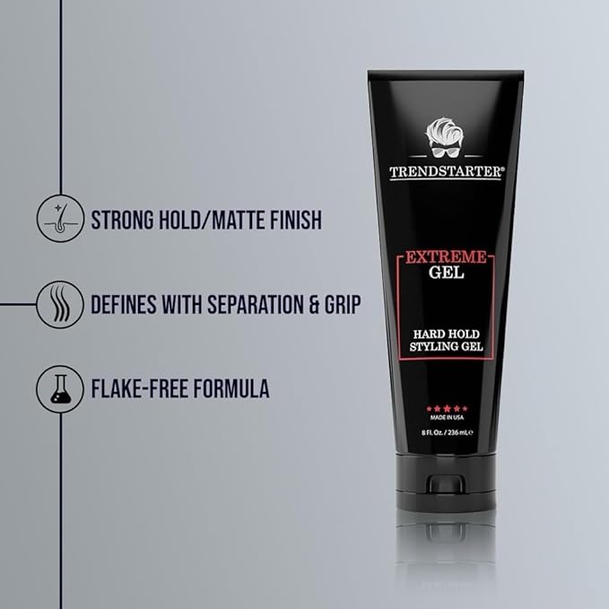 TRENDSTARTER - EXTREME GEL - Hard Hold - Natural Shine - Extreme Strength - Non-Flaking Hair Gel Formula for All Hair Types - All-Day Reliability