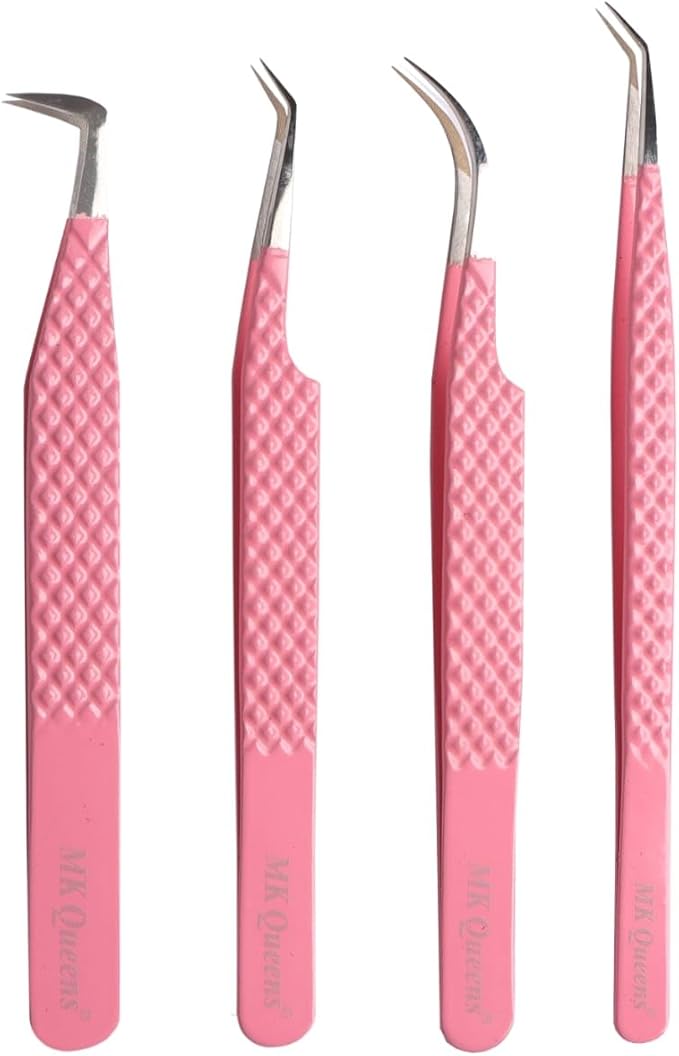 Lash Tweezers - Stainless Steel Fiber Tip Eyelash Tweezers (Set of 4) - Diamond Grip Professional Lash Tweezers for Eyelash Extensions (Pink)