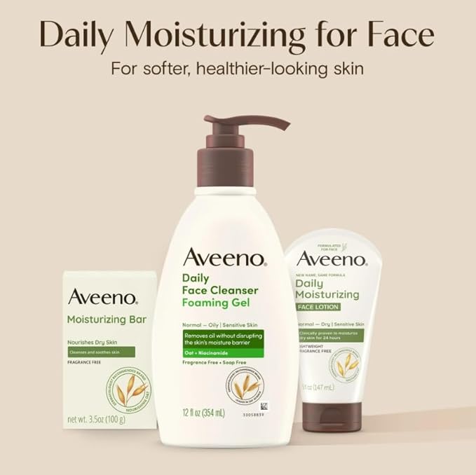 Aveeno Gentle Moisturizing Bar Facial Cleanser with Nourishing Oat for Dry Skin, Fragrance-free, Dye-Free, & Soap-Free, 3.5 oz (Pack of 4)