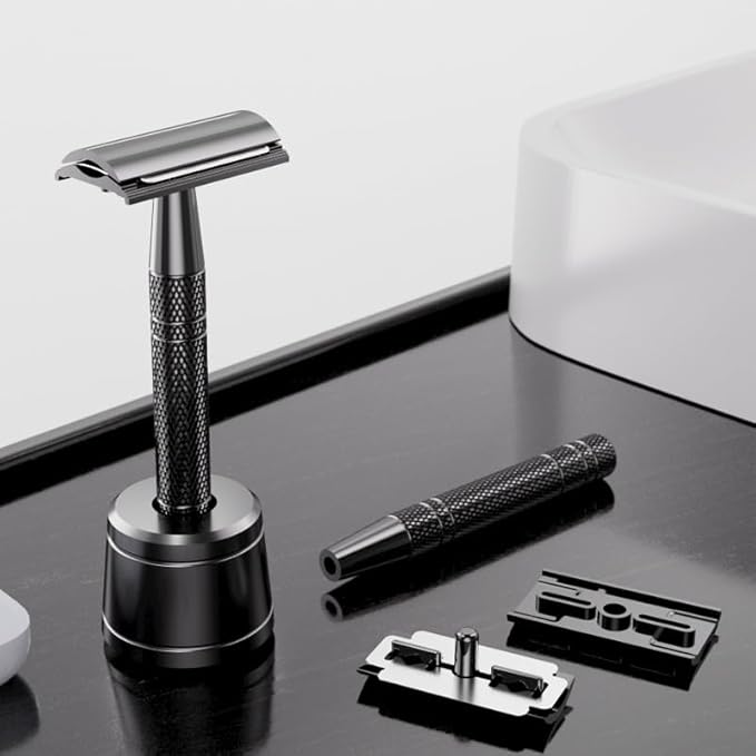 Men's and Women's Manual Razor Safety Razor with 10 Double Edge Blades, Double Edge Razor, Reusable Razor Kit, Eco-Friendly, Smooth Close Shave, Plastic-Free (Pink)