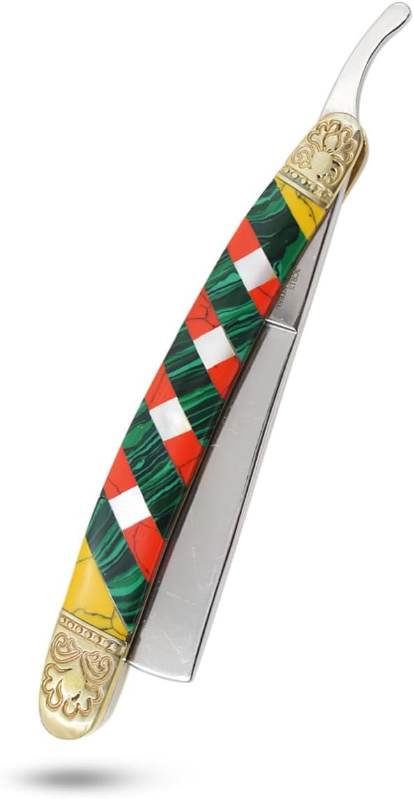 6.75" Straight Edge Razor – 3CR13 Stainless Steel Manual Folding Blade with Multi-Color Mosaic Handle and Engraved Brass Bolsters