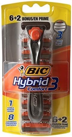 BIC Hybrid 3 Comfort Disposable Men's Razor, 3 Blades, Silver/Orange, 8 PK Bonus Pack (8)
