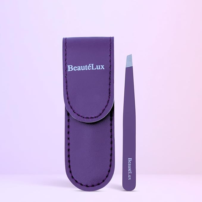 Premium Slant Tip Eyebrow Tweezer (Purple), Stainless Steel Precision Tweezers for Men & Women, for Facial Hair Removal, with Leather Case