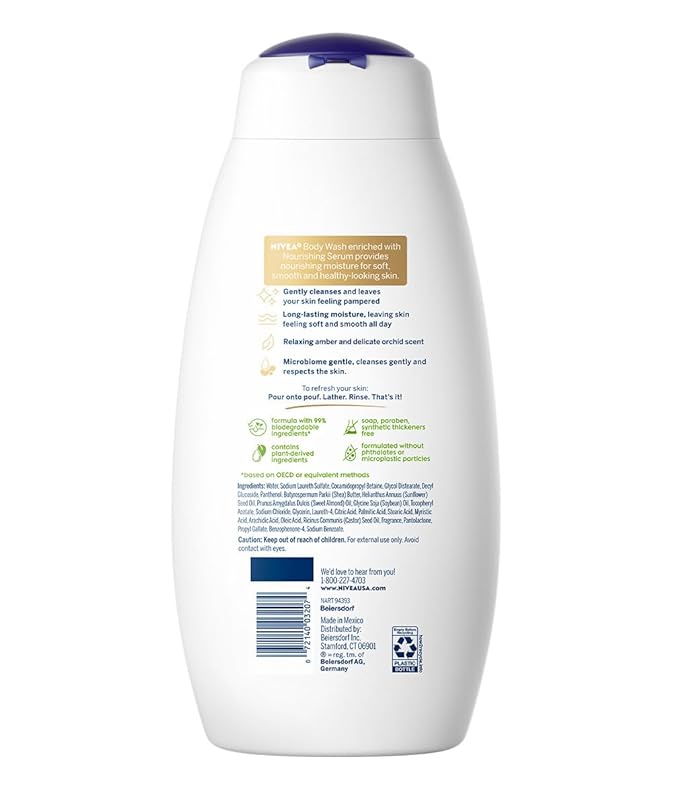 NIVEA Delicate Orchid and Amber Body Wash with Nourishing Serum, 20 Fl Oz Bottle (Pack of 2)