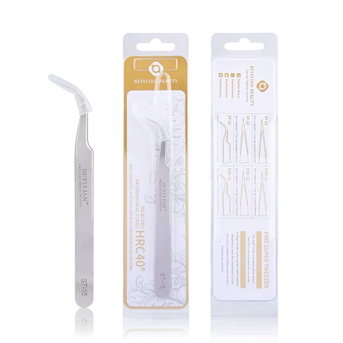 BEYELIAN Eyelash Extension Tweezers, Professional Lashes Tweezers for Make Fans, Curved Tip Stainless Steel ST-15