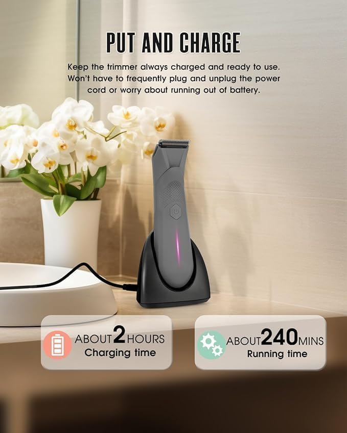 Body Trimmer for Men - Groin & Ball Shaver with Charging Dock - Constant Power No-Pull Electric Pubic Hair Clipper - 5-in-1 Guard Waterproof Body Groomer with LED Light