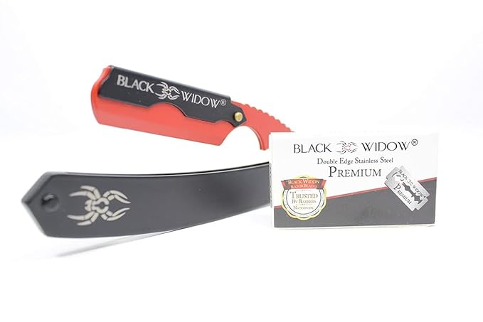 Black Widow Professional Barber Straight Edge Razor β Stainless Steel Shavette, 1.5 mm Blade Exposure, Matte Black & Red, 10 Double Edge Blades (20 Single-Edge) for Lineups & Beard Shaping
