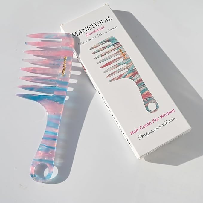 D1 | Wide Tooth Handle comb for Curly Hair| Elevates, Preserves Curl, Eliminates frizz| Acetate comb(Blue Pink)