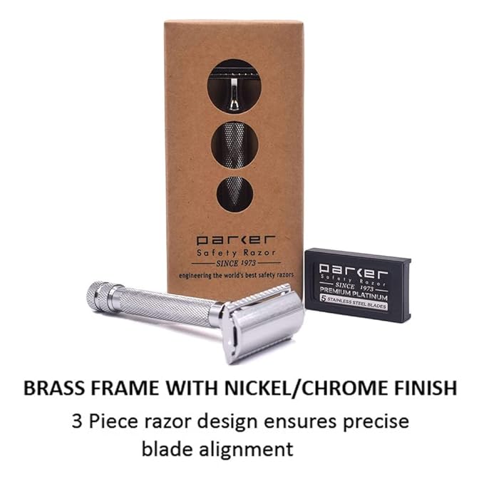 Parker 91R Heavyweight Long Handle Safety Razor – Classic 3-Piece Double Edge Razor for Smooth, Close Shaves – Brass Frame with Textured Chrome Finish – Compatible with All DE Razor Blades