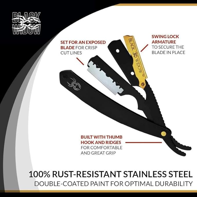 Black Widow Professional Straight Razor β Matte Black & Gold Barber Razor for Men β 1.5 mm Exposure, Swing Lock Grip, Stainless Steel Shavette for Barbers & Beginners pack of 10 blades