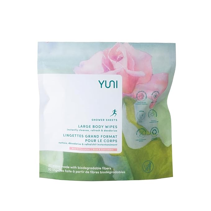 YUNI Beauty Large Body Wipes - Rose Cucumber, 30 Count - Moist Showerless Wipes, Cleanse & Deodorize, On-the-Go Waterless Body Cleanser, Individually Wrapped for Camping, Travel & Gym
