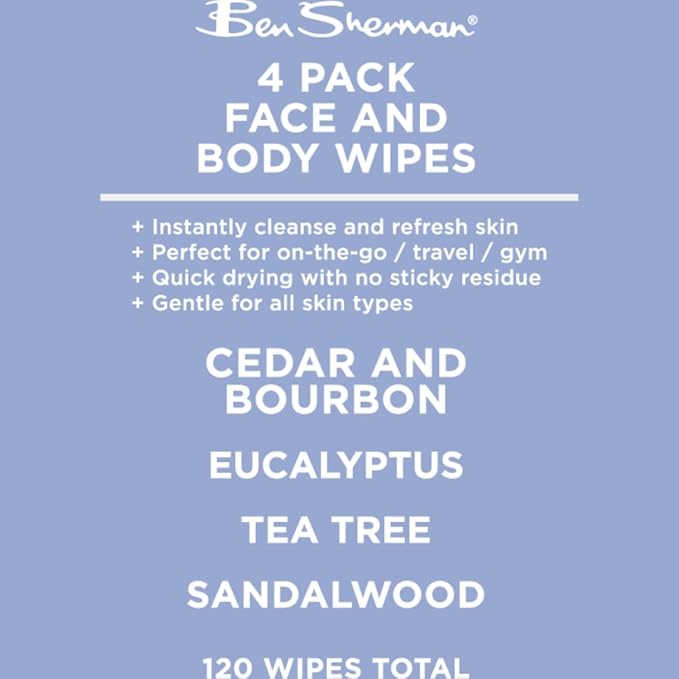 Ben Sherman Men's Face Wipes - 4 Pack (120 Total) Cleansing Wipes for Men with Cedar & Bourban, Eucalyptus, Tea Tree & Sandalwood
