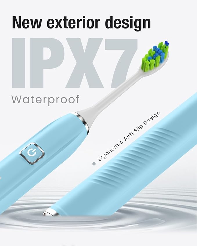 7AM2M Ultrasonic Electric Toothbrush with 6 Brush Heads for Adults&Kids, Type C Charging, One Charge for 120 Days, 5 Modes&40000VPM Powered Toothbrush, 2 Minutes Built in Smart Timer (Light Blue)