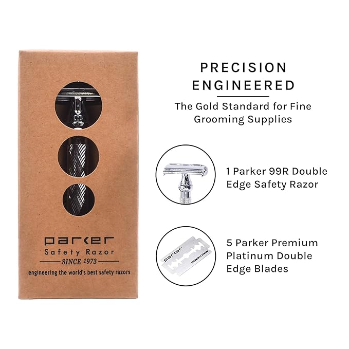 Parker 99R Chrome Long Handle Heavyweight Butterfly Open Double Edge Safety Razor for Men | 5 Parker Premium Platinum Double Edge Razor Blades Included | Iconic Brand