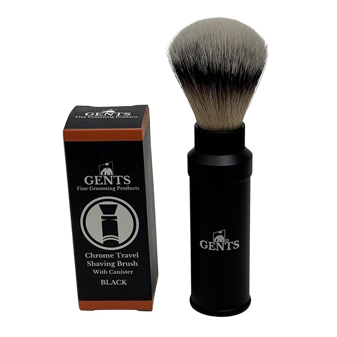 GENTS Travel Shaving Brush with Collapsible Canister – Synthetic Bristles, Compact Portable Wet Shaving Brush for Men, Chrome-Style Travel Grooming Brush for Home, Gym & Hotel Use (Black, 6 Inches)