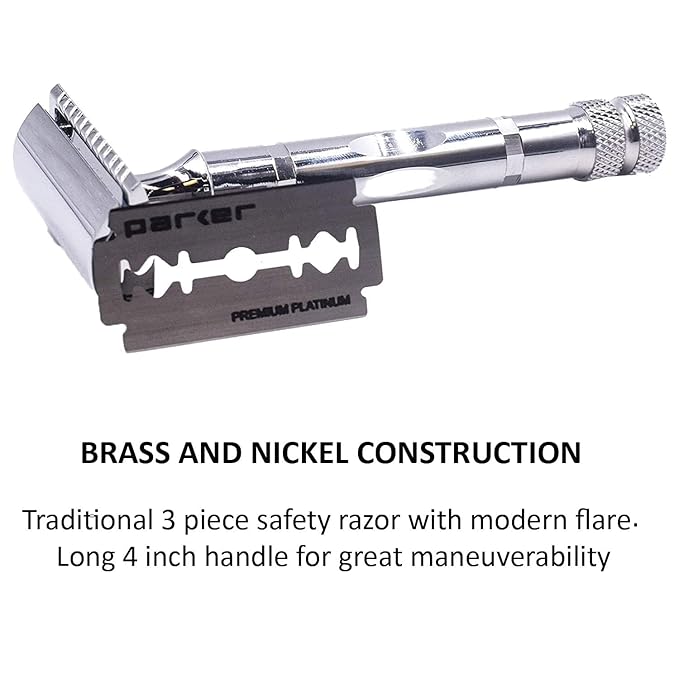 Parker 89R 3-Piece Safety Razor Handle with Chrome Plated Brass Handle, and 5 Parker Premium Double Edge Razor Blade Refills