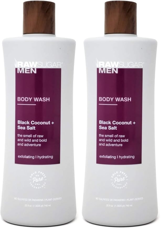 RAW SUGAR Men's Body Wash 25 fl oz (Pack of 2) (Black Coconut + Sea Salt)