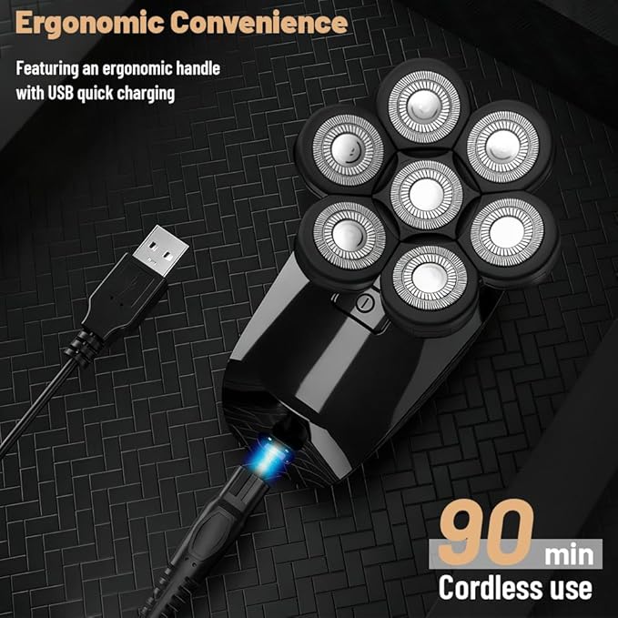 Head Shavers for Bald Men, Electric Shaver 7D with 7 Floating Heads and Self-Sharpening Blades, Waterproof Cordless Shaver for Travel Home and Daily Grooming Kit