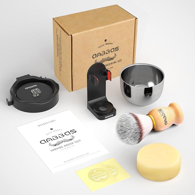 Anbbas 5IN1 Shaving Brush Set,Nylon Bristles Wood Handle and Stainless Steel Soap Bowl,ABS Wall Mounted Shaving Holders for Brush and Bowl with 3.5 oz Shaving Soap Refill