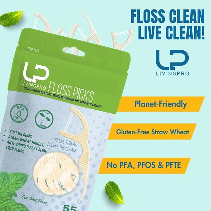 Twin Line Dental Floss Picks (220 Count) – Tooth Flossers Made with Wheat-Straw, Double Thread for 2X Clean, Minty Fresh, Smooth Glide, Shred-Resistant Floss | Travel Case Holds 10 Picks