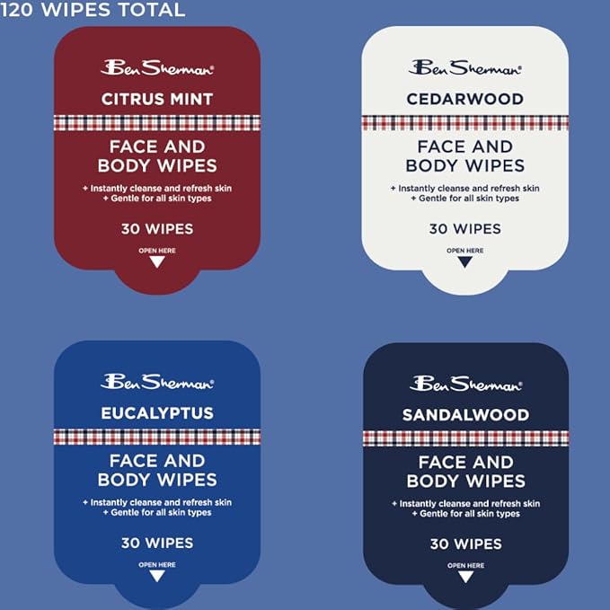Ben Sherman Men's Face Wipes - 4 Pack (120 Total) Cleansing Wipes for Men with Cedarwood, Sandalwood, Eucalyptus & Citrus Mint