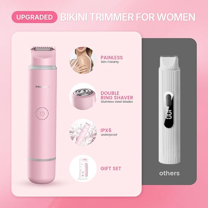 Bikini Trimmer for Women Dual Head Facial Hair Remover 2 in 1 Electric Razors for Women,Waterproof Public Hair Trimmer for Face,Underarm,Leg,USB-C Smart Light (Pink)