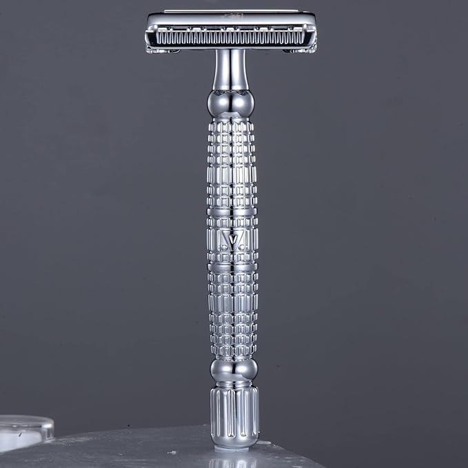 VIKINGS BLADE Double Edge Safety Razor for Men + 5 Swedish Steel Blades + Luxury Case. Long Handle. Smooth, Reusable, Eco-Friendly (The Vulcan)