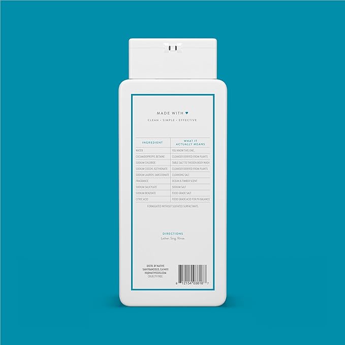 Native Body Wash Contains Naturally Derived Ingredients | For Women & Men, Sulfate, Paraben, & Dye Free Leaving Skin Soft and Hydrating | Ocean & Timber 18 oz