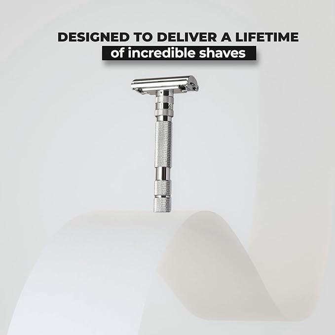 Rockwell Razors T2 Adjustable Safety Razor in White Chrome. Infinite Shave Settings for all Skin Types. Twist-To-Open Mechanism. Includes 5 Fully Recyclable Razor Blades. Built to Last a Lifetime.