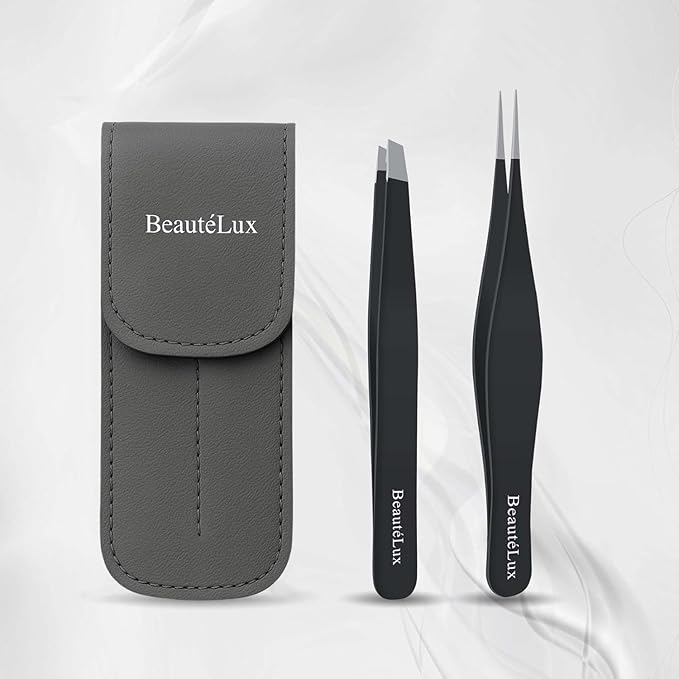 Precision Tweezer Set, Pointed tip & Slant Tip Tweezer for women & men, Stainless Steel eyebrow Tweezers, Stocking Stuffer, tweezer for Chin hair, Ingrown Hair Removal, Black tweezers with case