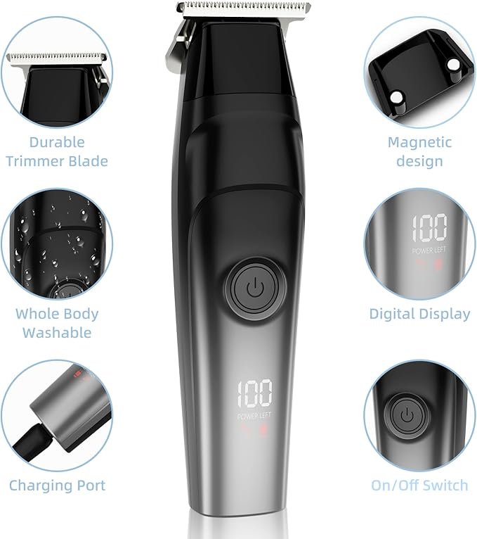 Beard Trimmer for Men & Hair Clippers - Rechargeable Head Shaver with LED Display, Stainless Steel Blades, Waterproof Electroplated Body