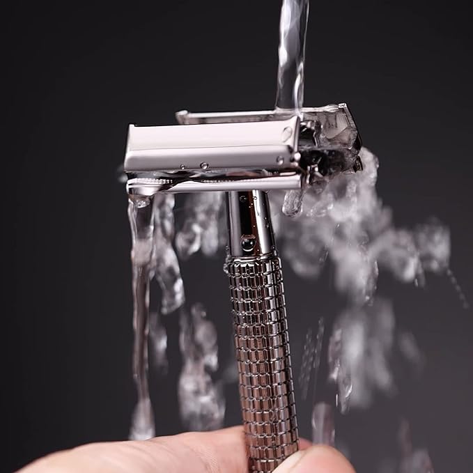 WEISHI Butterfly Open Double Edge Safety Razor for Men, Nostalgic Long Handle with 5 Stainless Razor Blades, Reusable Wet Shave Tool for Smooth, Close Shave