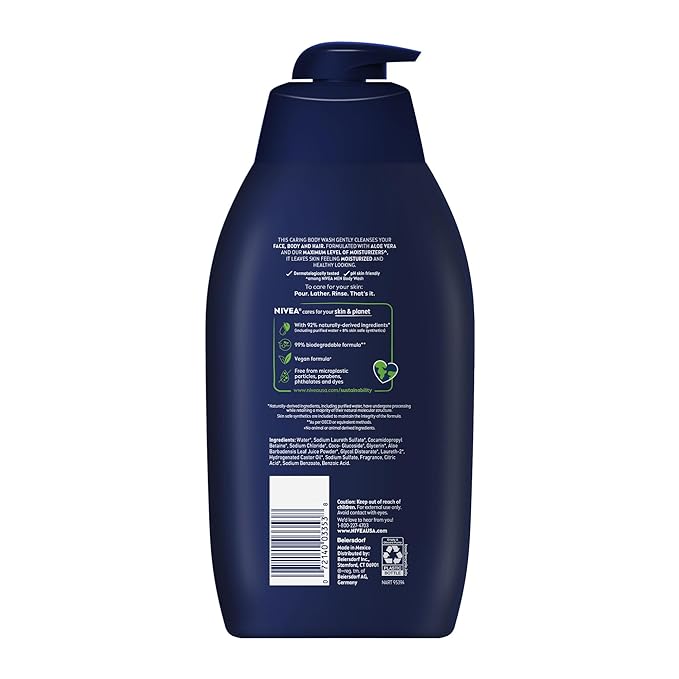 Nivea Men Maximum Hydration Body Wash for Dry Skin, Aloe Vera Enriched, 3-in-1 Moisturizing Body Wash, Face and Hair, Paraben Free, Vegan Formula, 30 Fl Oz Bottle