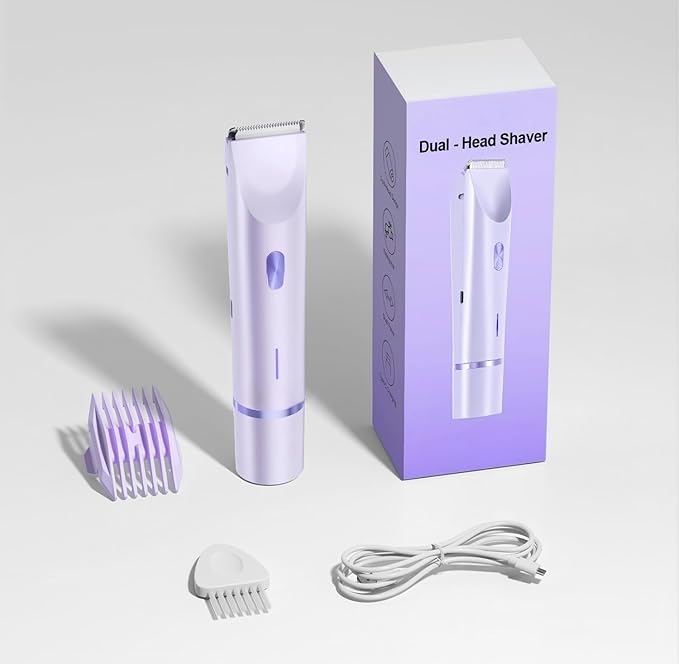 Bikini Trimmer for Women, 2-in-1 Painless Bikini Shaver with Ceramic Blade, Dual-Head Electric Shaver, Ipx7 Waterproof for Shower & Travel, Womens Electric Razor for Armpit Leg Body Facial, Purple