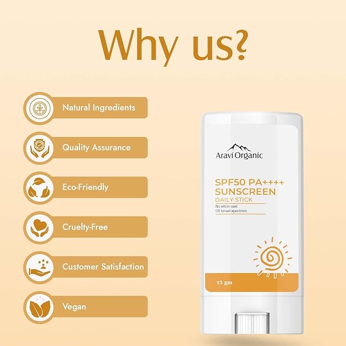 Ar.avi Org.anic Spf 50 Glow Sunscreen For All Skin Type Stick - Broad Spectrum - With Pa++++ Uva & Uvb Protection With No White Cast - For Men & Women - 13 Gm