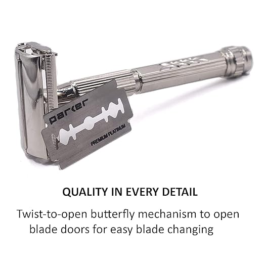 Parker 60R Long Handle Butterfly-Open DE Safety Razor for Men – Solid Brass, Nickel-Plated Wet Shaving Razor – Includes 5 Platinum Blades–Close, Comfortable Shave, Reduces Razor Burn & Ingrown Hairs