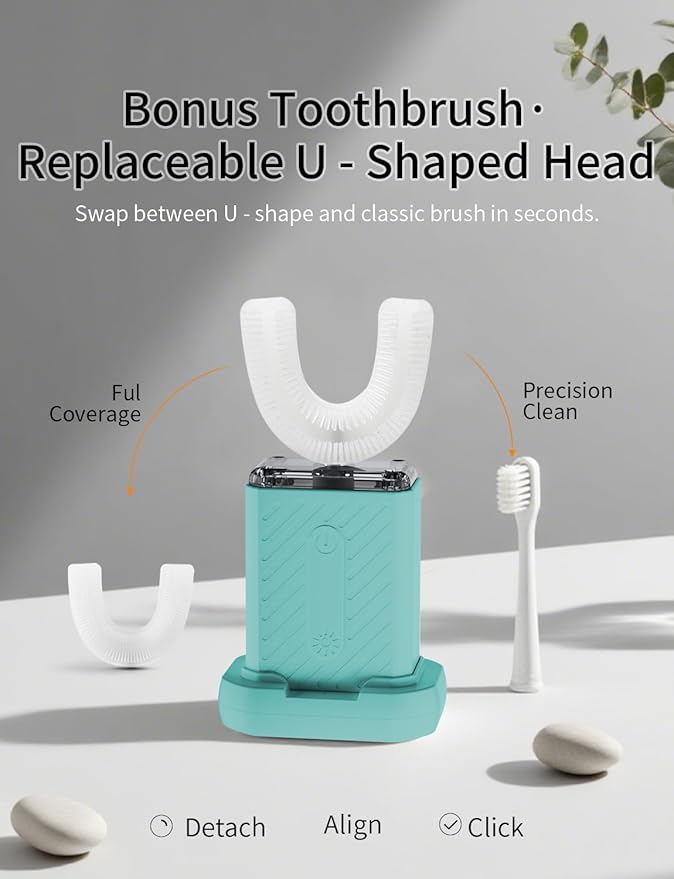 U-Shaped Electric Toothbrush, Food-Grade Silicone, IPX7 Waterproof, Magnetic Contact Charging