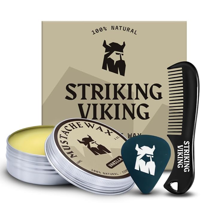 Striking Viking Mustache Wax Kit with Comb - 2 oz, Vanilla - Strong Hold Vanilla Mustache Wax & Anti-Static Comb for Precise Grooming - Non-Greasy Formula for Easy Beard Care