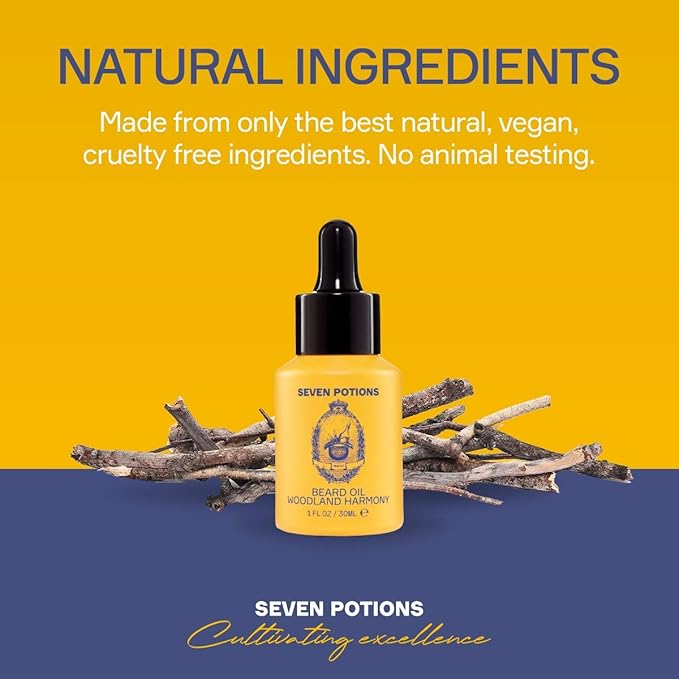 SEVEN POTIONS Natural Beard Oil for Men 1 FL OZ / 30ml — Sweet & Woody Beard Softener & Conditioner — Vegan Conditioning Oil That Helps Prevent Itch & Dandruff (Woodland Harmony)