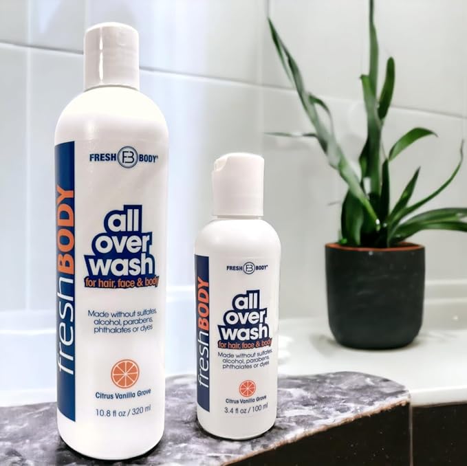 All Over Wash for Hair, Face & Body, 10.8oz Shampoo, Breast, Body & Ball Wash for Men & Women - Citrus Vanilla Grove Shower Gel, Made without Alcohol, Sulfates, Dyes or Parabens