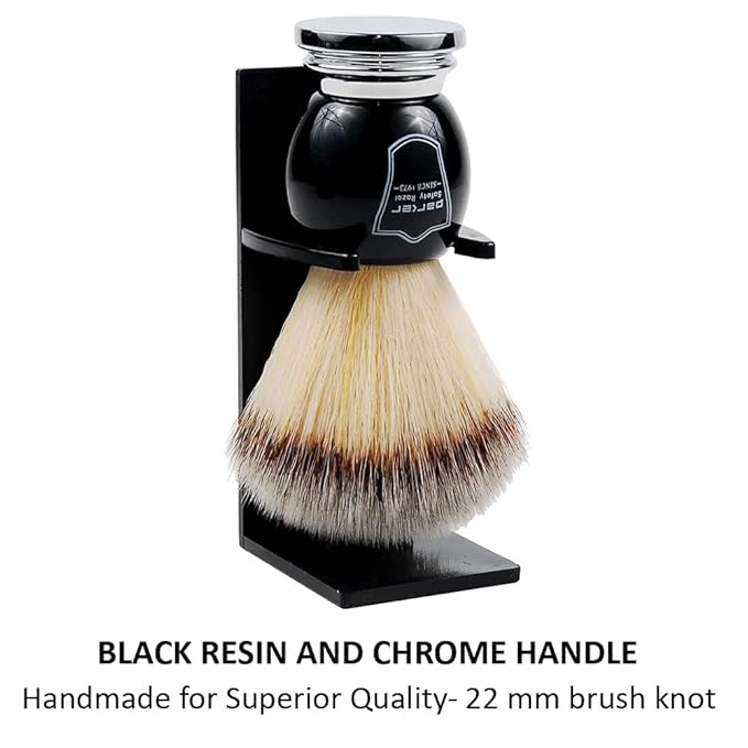 Parker Deluxe Synthetic Silvertip Shaving Brush – 22 mm Ultra‑Soft Knot, Chrome & Black Handle + Acrylic Stand for Proper Drying
