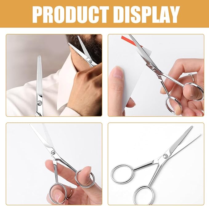 Cabilock Stainless Steel Mustache Scissors and Beard Trimming Scissors with Non-Slip Grip, Small Grooming Shears for Men’S Facial Hair Care, Silver Finish for Precise Beard Shaping and